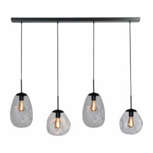 Die Bubble 4er Pendelleuchte verfügt über vier transparente Glasschirme mit freiliegenden Glühlampen, die elegant an einer rechteckigen schwarzen Halterung mit glatten schwarzen Kabeln hängen.