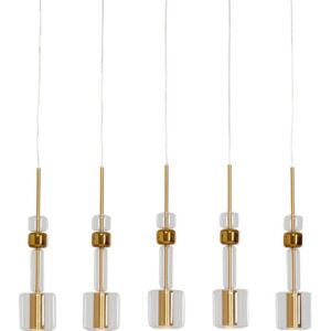 Fünf moderne Pendelleuchten der Pendelleuchte Elise mit klarem Glas und goldenen Akzenten hängen in einer Reihe an dünnen weißen Kabeln. Ihre zylindrischen Sockel und ihr schlankes Design bieten einen minimalistischen, eleganten Look vor einem schlichten Hintergrund.