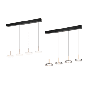 Die Pendelleuchte - Luya besteht aus zwei modernen Pendelleuchten mit schwarzen rechteckigen Sockeln und jeweils vier gleichmäßig verteilten Hängelampen. Die linken Lampen sind weiß und die rechten haben metallische Oberflächen und bieten ein schlankes, minimalistisches Design.