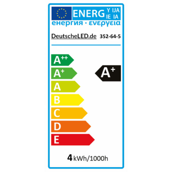 Das Leuchtmittel - mit Dämmerungssensor 4W (≈28W) 2100K Ø4,5cm von DeutscheLED.de hat die Energieeffizienzklasse A+ und verbraucht 4 kWh pro 1000 Stunden. Die Skala reicht von A++ (grün) bis E (rot), wobei das EU-Logo ganz oben abgebildet ist.