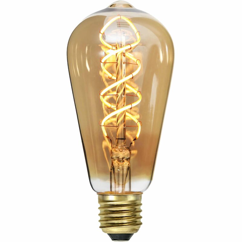 Die LED Kolben 3,2W 2100K Amber dimmbar Ø6,4cm von Licht Factory verfügt über einen leuchtenden Spiralfaden und einen warmen Bernsteinton mit einem Messingschraubsockel. Sein kompliziertes Design ist durch das Glas sichtbar und schafft ein einladendes und nostalgisches Ambiente.