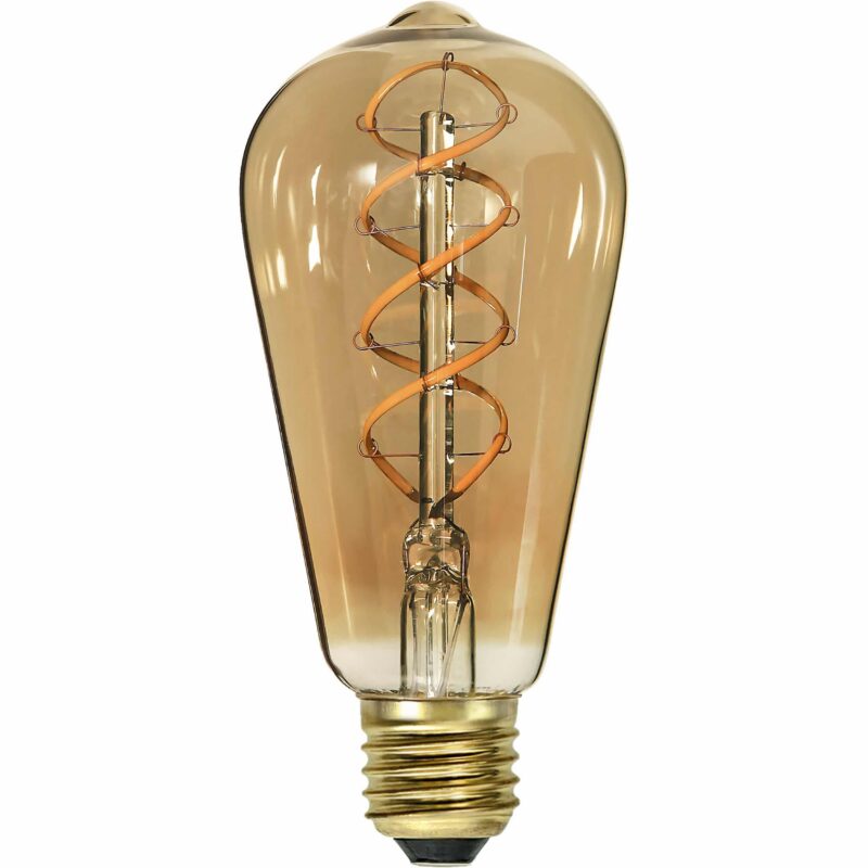 Die LED Kolben 3,2W 2100K Amber Dimmbar Ø6,4cm verfügt über ein Tropfendesign im Edison-Stil mit sichtbarem Spiralfaden, einem Messingschraubsockel und einer getönten Glasaußenseite für ein antikes und warmes Aussehen.