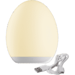 Das Nachtlicht - Solly ist ein eiförmiges Nachtlicht, das ein sanftes gelbes Licht ausstrahlt. Es hat ein glattes, minimalistisches Design mit einem weißen Sockel und einer warmen, beleuchteten Oberseite, begleitet von einem weißen USB-Ladekabel.