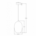 Strichzeichnung der Pendelleuchte – Salva-Pendelleuchte mit den Abmessungen: Obere Leuchte 130 mm breit, hängt 2000 mm von der Decke, die Lampe misst 360 mm Höhe und 250 mm Breite.