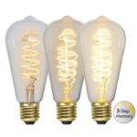 Drei Kolben 4W 2100K Leuchtmittelbirnen mit gewickelten Glühfäden leuchten warm und werden von einem „3-Step Memory“-Logo begleitet. Vor einem makellos weißen Hintergrund sind diese tropfenförmigen Glühbirnen elegant positioniert.