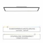 Die deckenmontierte rechteckige Deckenleuchte - Rahmen schwarz 120x30cm verfügt über einstellbare Farbtemperatur von warm- bis kaltweiß und dimmbare Helligkeit. Eine deutsche Textbeschreibung befindet sich unter dem Bild.