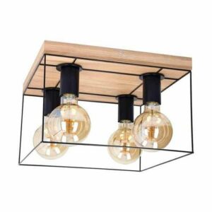 Die Deckenleuchte Pepp 4er von Licht Factory ist eine moderne Deckenleuchte mit quadratischem Holzsockel und vier freiliegenden, runden Glühbirnen, die in minimalistischen, schwarzen Drahtgitterwürfeln eingeschlossen sind.