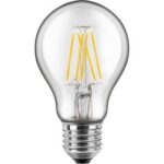 Eine LED-Filament-Glühfadenbirne aus klarem Glas mit gelbem Glühfaden in einer klassischen Standardform und einem E27-Metallschraubsockel.