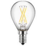 Das Leuchtmittel - klar E14 4Watt Tropfen ist eine klare LED-Glühbirne mit glattem, abgerundetem Design und silbernem Schraubsockel. Im Inneren der transparenten Glühbirne befinden sich gelbe Glühfäden auf weißem Hintergrund.