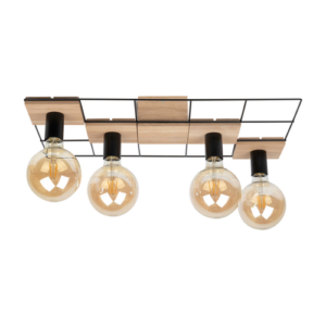 Die Deckenleuchte - Pino von Licht Factory verfügt über ein Holzmuster und ein schwarzes Gitterdesign und präsentiert vier freiliegende, runde Glühlampen in einer Reihe für einen modernen Look.
