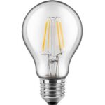 Das LED-Filament-Leuchtmittel hat eine klare Glasbirne mit vertikalen Filamenten im Inneren, einen metallisch-silbernen Sockel und eine klassische runde Form. Es bietet einen Vintage-Look mit 4,5 W Leistung, 470 Lumen ersetzen 40 W, in Warmweiß.