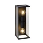 Die Außenwandleuchte - Tina ist eine rechteckige, moderne Wandleuchte von Licht Factory mit einem schwarzen Rahmen und klaren Glasplatten sowie zwei freiliegenden Glühbirnen für ein schlankes, minimalistisches Design, das sich perfekt für den Innen- und Außenbereich eignet.