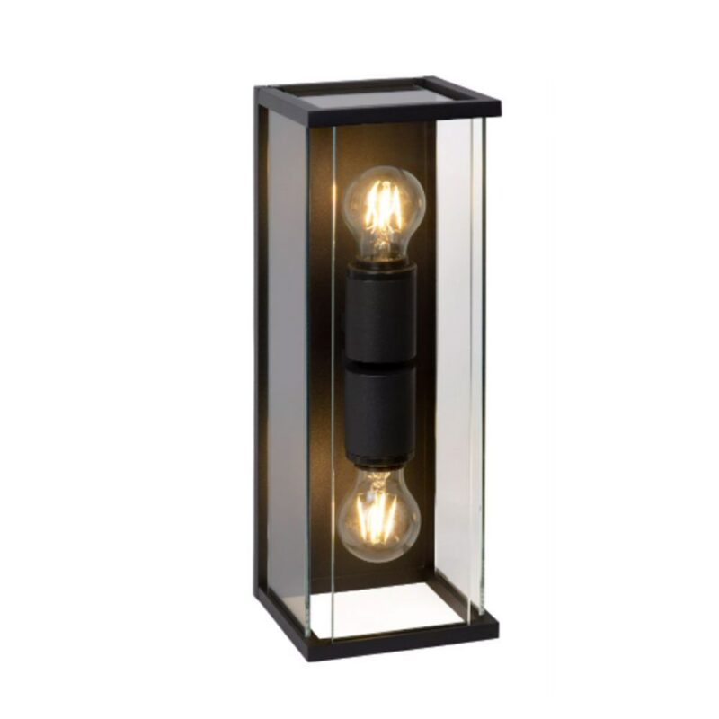 Die Außenwandleuchte - Tina ist eine rechteckige, moderne Wandleuchte von Licht Factory mit einem schwarzen Rahmen und klaren Glasplatten sowie zwei freiliegenden Glühbirnen für ein schlankes, minimalistisches Design, das sich perfekt für den Innen- und Außenbereich eignet.