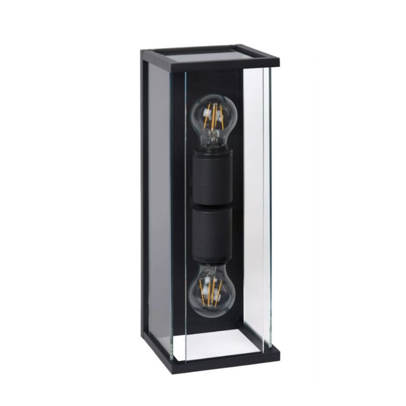 Die Außenwandleuchte - Tina ist eine moderne und minimalistische rechteckige schwarze Laterne mit transparenten Glasseiten und zwei vertikal ausgerichteten, freiliegenden Glühlampen, die in ihrem Rahmen prominent zur Geltung kommen.