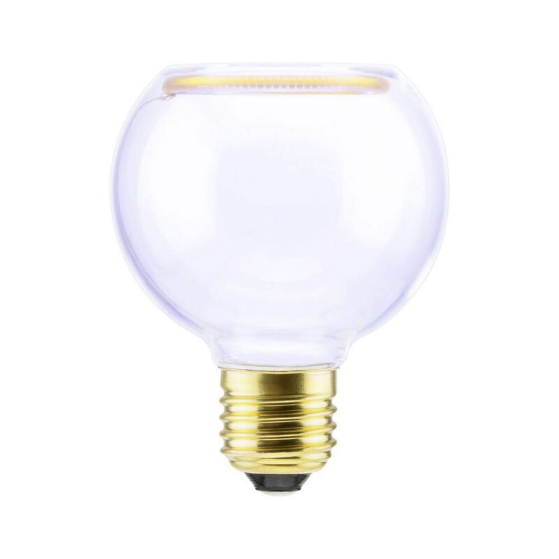 Das Leuchtmittel - Floatlight Globe 4W dimmbar klar Ø8cm von Licht Factory verfügt über ein rundes, klares Design mit einem goldenen Schraubsockel und einem elegant kreisförmigen sichtbaren Glühfaden, alles vor einem weißen Hintergrund.