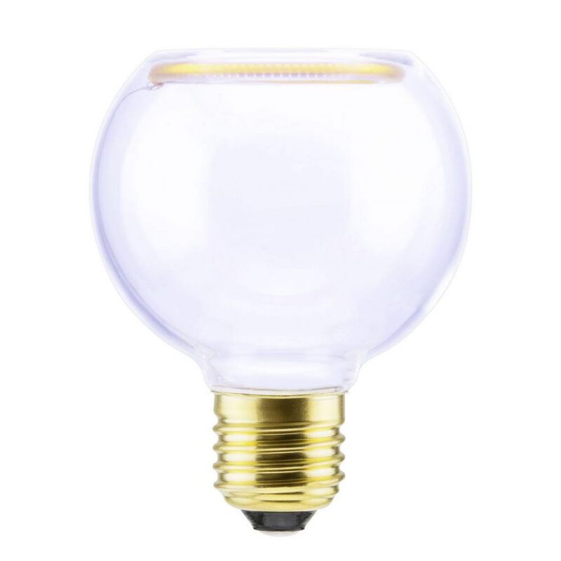 Das Leuchtmittel - Floatlight Globe 4W dimmbar klar Ø8cm verfügt über eine transparente, runde LED-Glühbirne mit einem goldenen Schraubsockel und einem kreisförmigen Glühfaden für ein schlankes, modernes Aussehen.