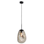 Die Pendelleuchte – Bubble 1er (L) ist eine schlichte, minimalistische Pendelleuchte mit schwarzem Kabel und Halterung, einem transparenten tropfenförmigen Glasschirm und einer freiliegenden Glühbirne im Edison-Stil.