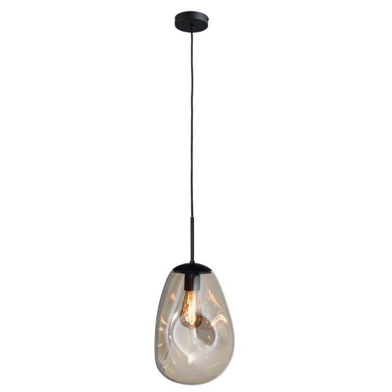 Die Pendelleuchte – Bubble 1er (L) ist eine schlichte, minimalistische Pendelleuchte mit schwarzem Kabel und Halterung, einem transparenten tropfenförmigen Glasschirm und einer freiliegenden Glühbirne im Edison-Stil.