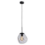 Die Pendelleuchte - Bubble 1er (M) ist eine moderne Pendelleuchte mit einem klaren, einzigartig geformten Glasschirm. Sie verfügt über ein schwarzes Kabel und eine schwarze Fassung mit freiliegender Glühbirne, die jeden Raum elegant beleuchtet.