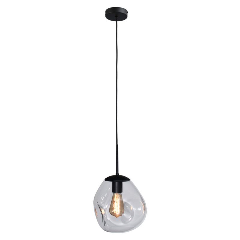 Die Pendelleuchte - Bubble 1er (M) ist eine moderne Pendelleuchte mit einem klaren, einzigartig geformten Glasschirm. Sie verfügt über ein schwarzes Kabel und eine schwarze Fassung mit freiliegender Glühbirne, die jeden Raum elegant beleuchtet.