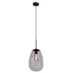 Die Pendelleuchte – Bubble 1er (L) ist eine moderne Pendelleuchte mit einem ovalen Schirm aus klarem Glas, einer sichtbaren Glühlampe und hängt an einem schwarzen Kabel mit einer runden schwarzen Deckenhalterung.