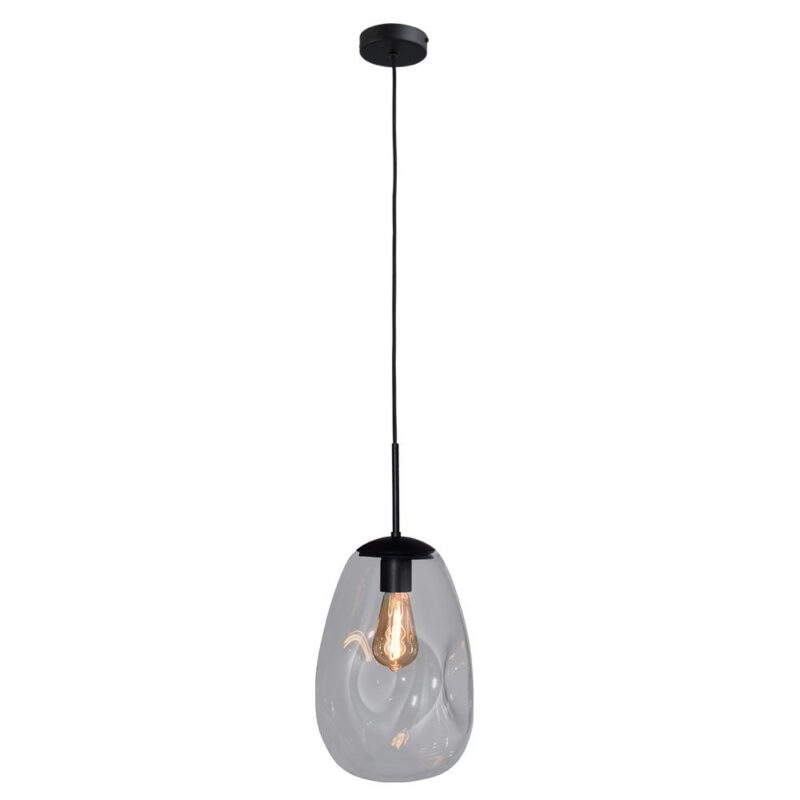 Die Pendelleuchte – Bubble 1er (L) ist eine moderne Pendelleuchte mit einem ovalen Schirm aus klarem Glas, einer sichtbaren Glühlampe und hängt an einem schwarzen Kabel mit einer runden schwarzen Deckenhalterung.