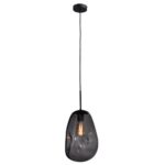 Die Pendelleuchte - Bubble 1er (L) verfügt über einen modernen rauchschwarzen Glasschirm, der an einem schwarzen Kabel und einer schwarzen Halterung hängt. Sie präsentiert elegant eine freiliegende Glühlampe, die ein warmes Licht in einem zeitgenössischen Design verbreitet.