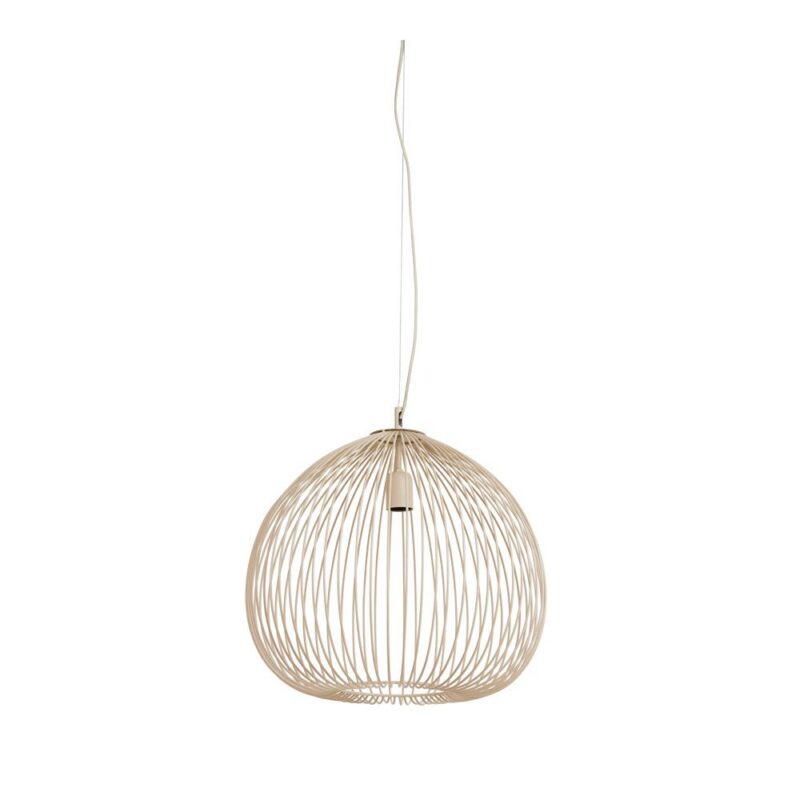 Die Pendelleuchte – Fawn ist eine moderne kugelförmige Pendelleuchte mit Drahtgitterdesign und geometrischer, käfigartiger Struktur in neutraler Farbe, die an einer dünnen weißen Kordel vor einem schlichten weißen Hintergrund hängt.