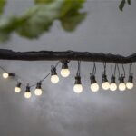 Eine In- & Outdoor-Lichterkette – Party mit leuchtend weißen Glühbirnen hängt anmutig von einem Ast, vor einem gedämpften Hintergrund mit verschwommenen grünen Blättern im Vordergrund.