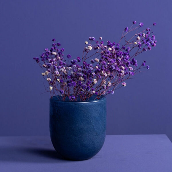 Vor einem tiefblau-violetten Hintergrund erzeugt eine dunkelblaue Vase gefüllt mit kleinen violetten und weißen Trockenblumen (Schleierkraut, lila) einen monochromen Effekt.