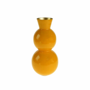 Die Vase „Soleil“ in Doppelkürbisform weist eine glatte, glänzende Oberfläche in Orange auf und verfügt über eine schmale, goldumrandete Öffnung für zusätzliche Eleganz.