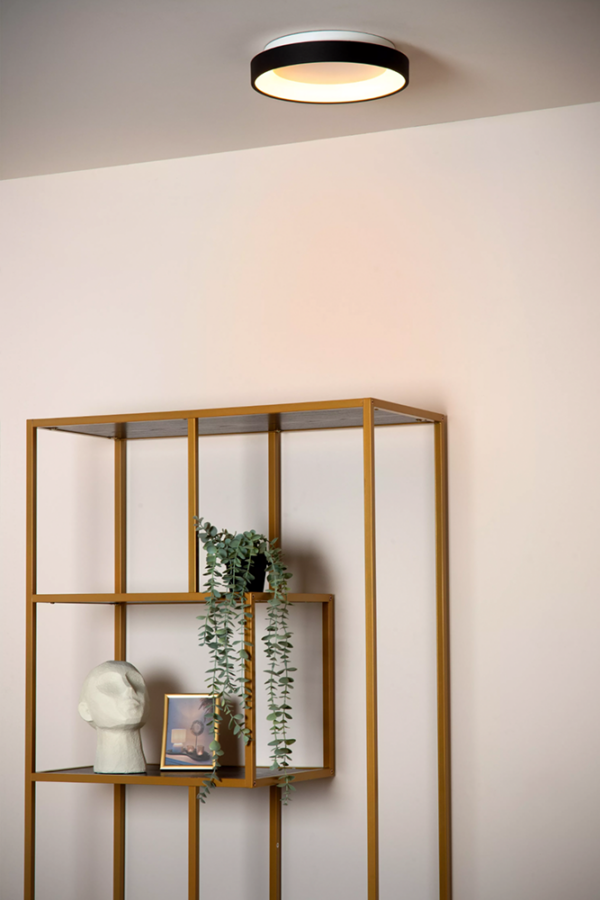 Ein modernes Interieur verfügt über eine elegante LED-Deckenleuchte von Kiyan und ein goldenes offenes Regal, das eine Kopfskulptur, ein gerahmtes Foto und eine herabhängende Pflanze vor einer beigen Wand präsentiert.