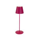 Eine schlichte, moderne rosa Stehlampe mit konischem Lampenschirm und schlankem Stiel auf runder Basis vor weißem Hintergrund verkörpert die Eleganz einer Akku-LED-Tischleuchte in farbenfrohem RGB.