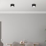 Ein minimalistischer Raum verfügt über eine hellgraue Wand und zwei schwarze Einbauleuchten an der Decke. Ein Holztisch mit drei modernen Stühlen zeigt ein kleines weißes Pflanzenarrangement. Die elegante Aufbauleuchte – Luana wertet das Dekor auf, mit einer grünen Blattpflanze auf der rechten Seite.