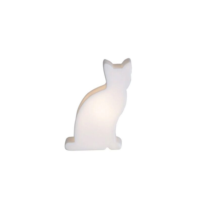 Die Akku LED Katze 9 cm ist eine minimalistische, weiße Lampe in Katzenform mit sanften Rundungen und einer matten Oberfläche, die vor einem weißen Hintergrund sanft von innen beleuchtet ist.