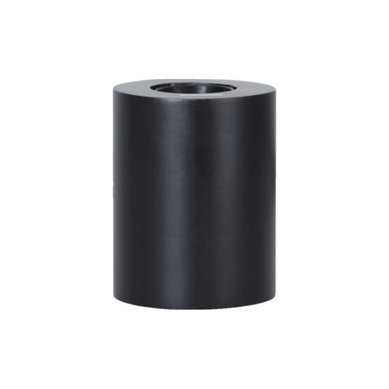 Ein schlichtes, schwarzes zylindrisches Objekt mit glatter Oberfläche und eingekerbter Oberseite, ähnlich dem modernen Leuchtenfuß – Mio.