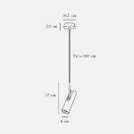 Strichzeichnung der MIB 6 Pendelleuchte, die einen zylindrischen Lichtkörper mit 6 cm Durchmesser und 27 cm Länge zeigt, der mittels einer ausziehbaren Stange bis zu 300 cm von der Decke hängt.