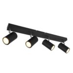 Der Deckenstrahler - Dari 4er ist ein moderner schwarzer Strahler mit vier verstellbaren zylindrischen Spots, die jeweils ein warmes Licht abgeben. Sie sind auf einer geraden horizontalen Basis montiert und bieten vielseitige Beleuchtung für jeden Raum.