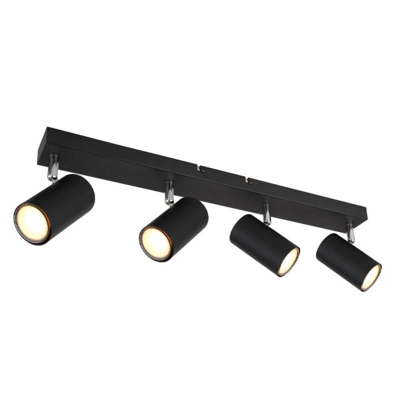 Der Deckenstrahler - Dari 4er ist ein moderner schwarzer Strahler mit vier verstellbaren zylindrischen Spots, die jeweils ein warmes Licht abgeben. Sie sind auf einer geraden horizontalen Basis montiert und bieten vielseitige Beleuchtung für jeden Raum.