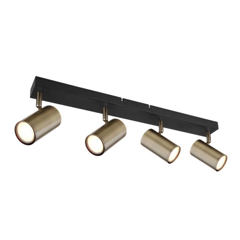 Der Deckenstrahler – Dari 4er ist eine schlanke, schwarze, rechteckige Leuchte mit vier verstellbaren, messingfarbenen, zylindrischen Strahlern, die aus Funktionalität und modernem Stil heraus gleichmäßig verteilt sind.