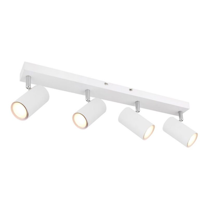 Der Deckenstrahler - Dari 4er ist eine moderne weiße Deckenschienenleuchte mit vier einzigartig abgewinkelten, verstellbaren zylindrischen Strahlern. Die rechteckige Fassung wird auf flachen Oberflächen montiert und bietet ein schlankes und minimalistisches Design.