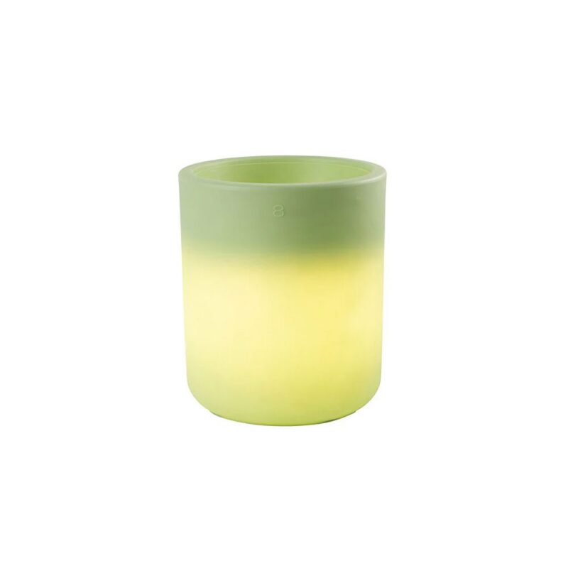 Der In & Outdoor LED Blumentopf - Lumi Elegant ist ein zylindrischer Keramikpflanzer mit einer glatten, von Grün nach Gelb verlaufenden Oberfläche, ideal für ein modernes Dekor.