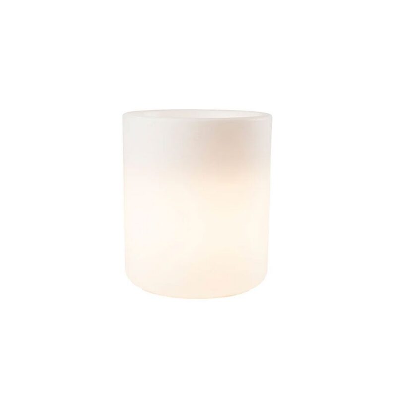 Die In & Outdoor LED Lampe Blumentopf – Lumi Elegant leuchtet sanft in einem zylindrischen Design vor einem schlichten weißen Hintergrund.