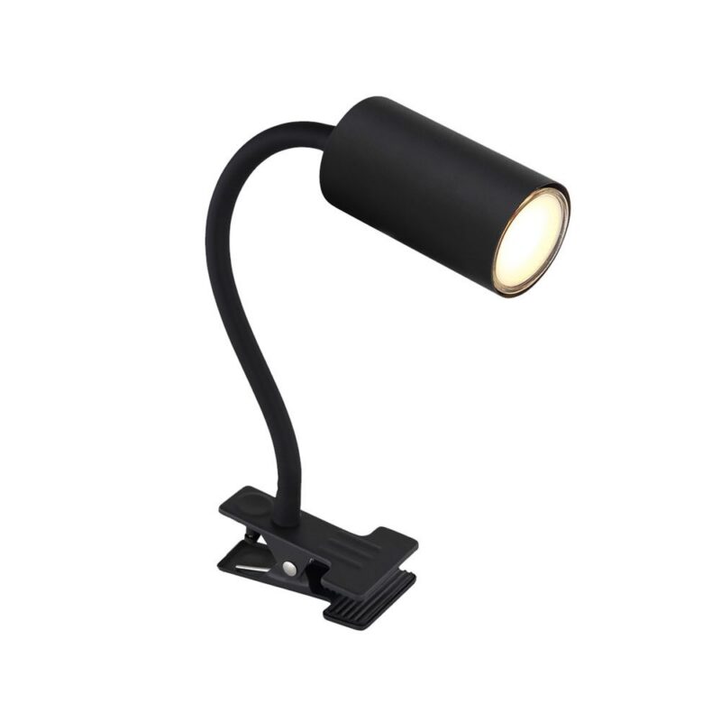 Der Klemmstrahler - Dari ist eine stilvolle Schwarzleuchte mit zylindrischem Kopf und flexiblem Hals, die sich bequem an Oberflächen wie Schreibtischen oder Regalen befestigen lässt.