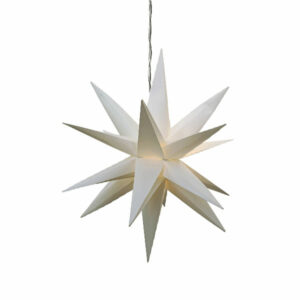 Eine elegante LED-Leuchtstern-Laterne „Nova“ mit 45 cm Durchmesser in Weiß mit mehreren Spitzen hängt anmutig an einer Kordel und leuchtet sanft vor einem schlichten weißen Hintergrund.