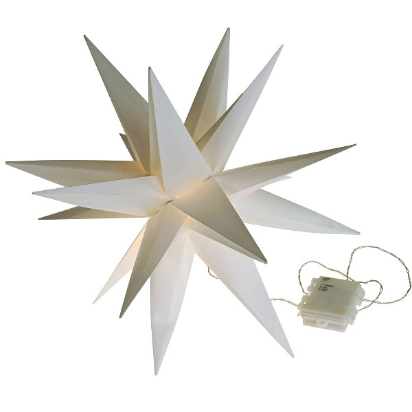 Der LED Leuchtstern - Nova Ø45 cm ist eine weiße, beleuchtete Herrnhuter Sterndekoration mit mehreren spitzen Enden, verbunden mit einem Netzschalter mit sichtbarem Kabel.