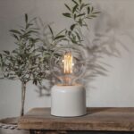 Ein Leuchtmittel im Vintage-Stil - Globe 3,8 W 1800 K dimmbar Ø12,5 cm mit sichtbarem Glühfaden ruht auf einem modernen zylindrischen weißen Sockel auf einem rustikalen Holztisch, während eine kleine Blattpflanze im Hintergrund für Grün sorgt.
