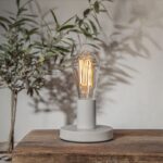 Eine Edison-Glühbirne im Vintage-Stil, LED Kolben 3,8W 1800K dimmbar Ø6,4cm, leuchtet auf einem minimalistischen runden grauen Sockel auf einem Holztisch. Im Hintergrund tanzen Pflanzenschatten sanft an der Wand und schaffen eine gemütliche Atmosphäre.