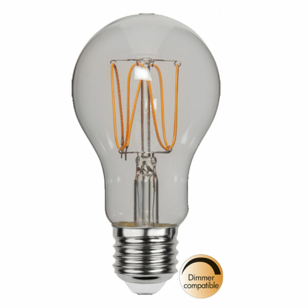 Das Leuchtmittel - Tropfen 3,8W 1800K dimmbar Ø6cm ist eine klare LED-Filamentlampe mit sichtbarem Glühfadendesign und einem Standard-Schraubsockel, gekennzeichnet als „dimmerkompatibel“.