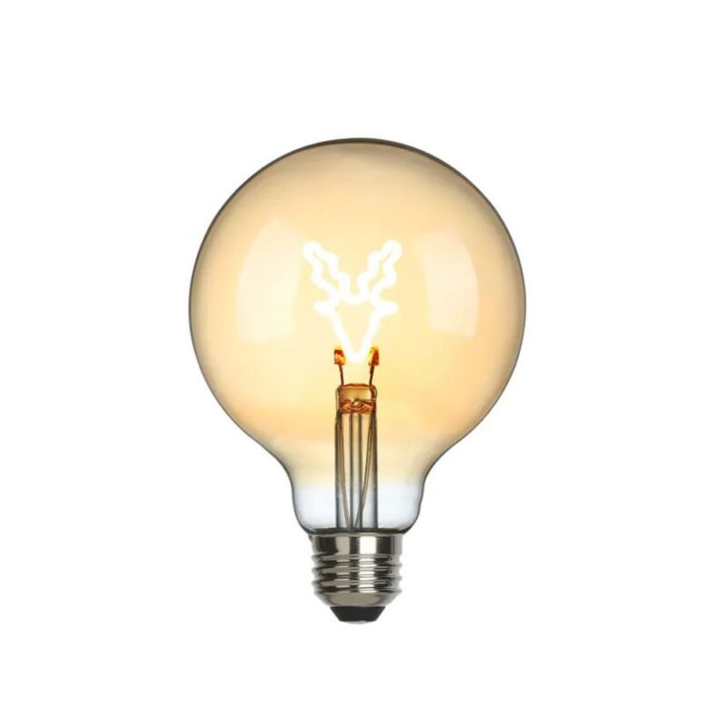 Die Statement Bulb - Love Gold besteht aus rundem, klarem Glas mit einem Glühfaden in Hirschkopfform. Wenn sie leuchtet, strahlt sie ein warmes Licht aus und hat einen standardmäßigen silbernen Schraubsockel.